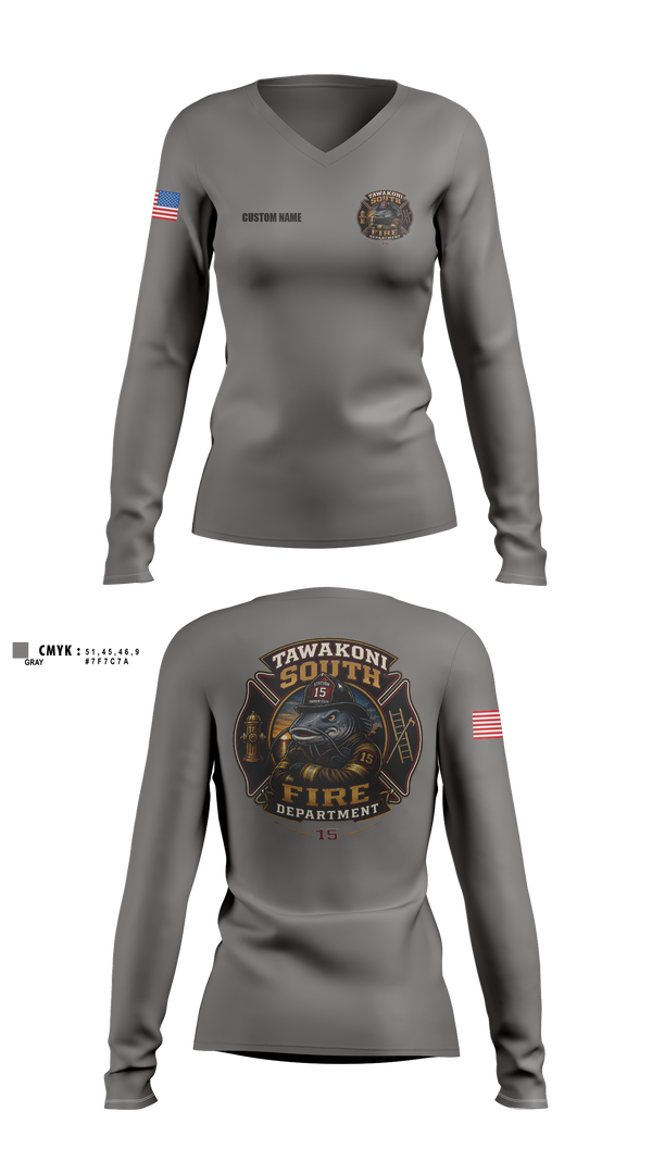 Womens Long Sleeve Vneck Shirt, Tawakoni South Volunteer Fire Department, Fire Department, Teamtime, Team time, sublimation, custom sports apparel, team uniforms, spirit wear, spiritwear, sports uniforms, custom shirts, team store, custom team store, fundraiser sports, apparel fundraiser