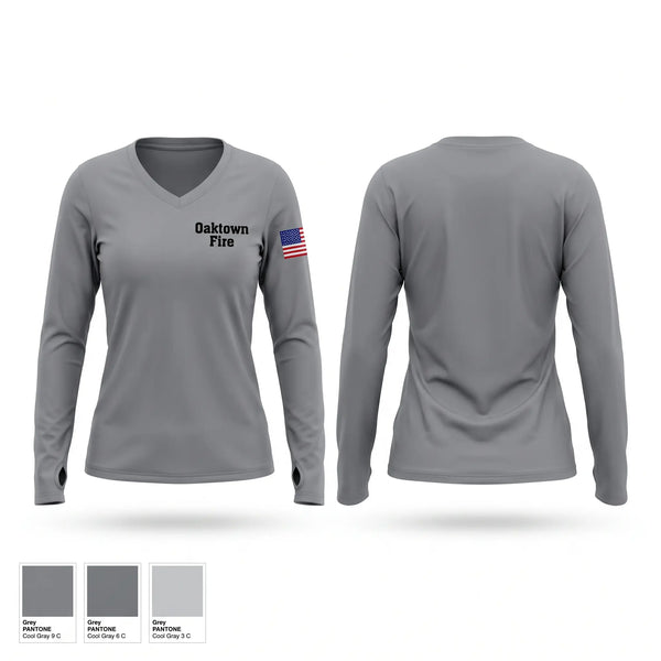 Womens Long Sleeve Vneck Shirt, Oaktown fire, Fire Department, Teamtime, Team time, sublimation, custom sports apparel, team uniforms, spirit wear, spiritwear, sports uniforms, custom shirts, team store, custom team store, fundraiser sports, apparel fundraiser