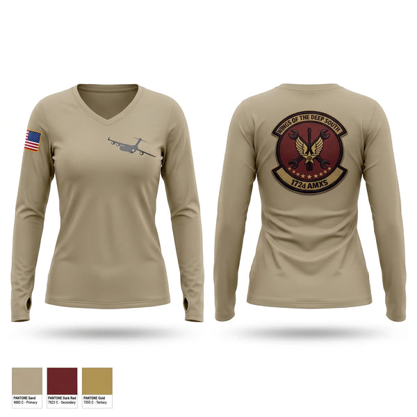 Womens Long Sleeve Vneck Shirt, 172nd AMXS, Air Force, Teamtime, Team time, sublimation, custom sports apparel, team uniforms, spirit wear, spiritwear, sports uniforms, custom shirts, team store, custom team store, fundraiser sports, apparel fundraiser