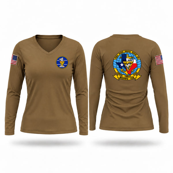 Womens Long Sleeve Vneck Shirt, Mobile Inshore Undersea Warfare Unit 108, Navy, Teamtime, Team time, sublimation, custom sports apparel, team uniforms, spirit wear, spiritwear, sports uniforms, custom shirts, team store, custom team store, fundraiser sports, apparel fundraiser