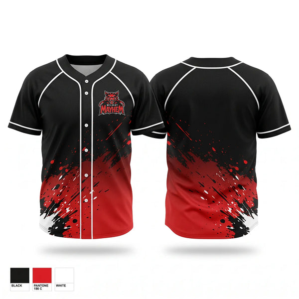 Full Button Baseball Jersey, Mayhem, Baseball, Teamtime, Team time, sublimation, custom sports apparel, team uniforms, spirit wear, spiritwear, sports uniforms, custom shirts, team store, custom team store, fundraiser sports, apparel fundraiser
