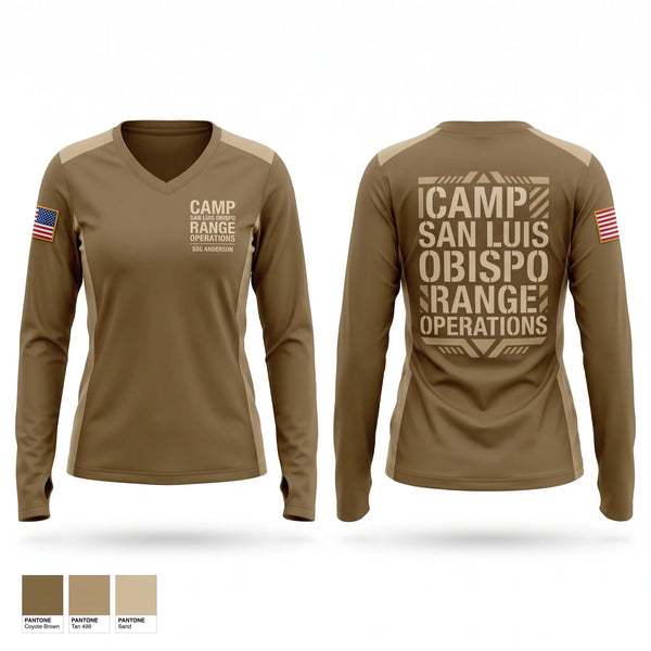 Womens Long Sleeve Vneck Shirt, Camp San Luis Obispo Range Operations, Army, Teamtime, Team time, sublimation, custom sports apparel, team uniforms, spirit wear, spiritwear, sports uniforms, custom shirts, team store, custom team store, fundraiser sports, apparel fundraiser