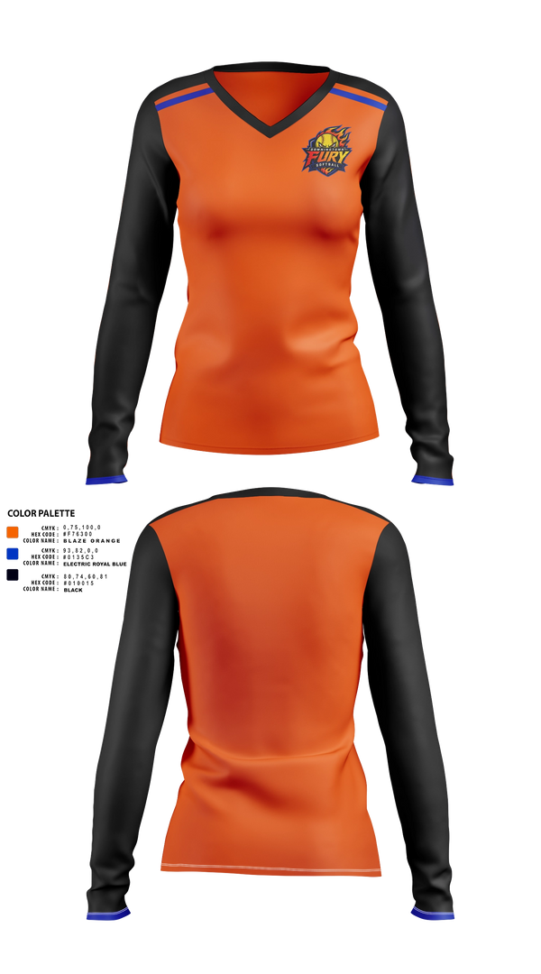 Womens Long Sleeve Vneck Shirt, Downingtown Fury, Softball, Teamtime, Team time, sublimation, custom sports apparel, team uniforms, spirit wear, spiritwear, sports uniforms, custom shirts, team store, custom team store, fundraiser sports, apparel fundraiser