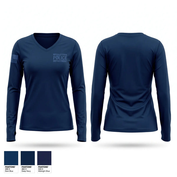 Womens Long Sleeve Vneck Shirt, Middletown Police Department, Police, Teamtime, Team time, sublimation, custom sports apparel, team uniforms, spirit wear, spiritwear, sports uniforms, custom shirts, team store, custom team store, fundraiser sports, apparel fundraiser