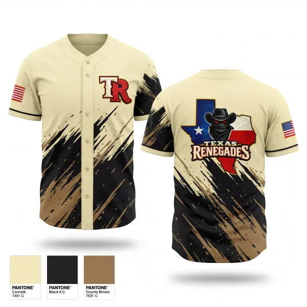 Full Button Baseball Jersey, Texas Renegades, Baseball, Teamtime, Team time, sublimation, custom sports apparel, team uniforms, spirit wear, spiritwear, sports uniforms, custom shirts, team store, custom team store, fundraiser sports, apparel fundraiser