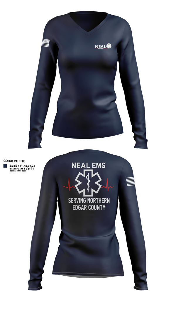 Womens Long Sleeve Vneck Shirt, NEAL EMS, EMS/EMT, Teamtime, Team time, sublimation, custom sports apparel, team uniforms, spirit wear, spiritwear, sports uniforms, custom shirts, team store, custom team store, fundraiser sports, apparel fundraiser