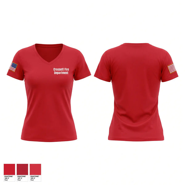 Womens Short Sleeve Vneck Shirt, Crossett Fire Department, Fire Department, Teamtime, Team time, sublimation, custom sports apparel, team uniforms, spirit wear, spiritwear, sports uniforms, custom shirts, team store, custom team store, fundraiser sports, apparel fundraiser