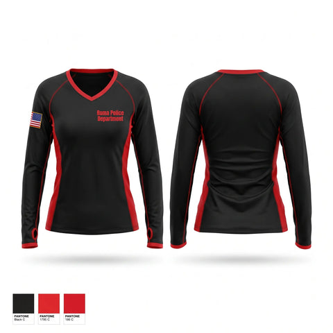 Womens Long Sleeve Vneck Shirt, Roma Police Department, Police, Teamtime, Team time, sublimation, custom sports apparel, team uniforms, spirit wear, spiritwear, sports uniforms, custom shirts, team store, custom team store, fundraiser sports, apparel fundraiser