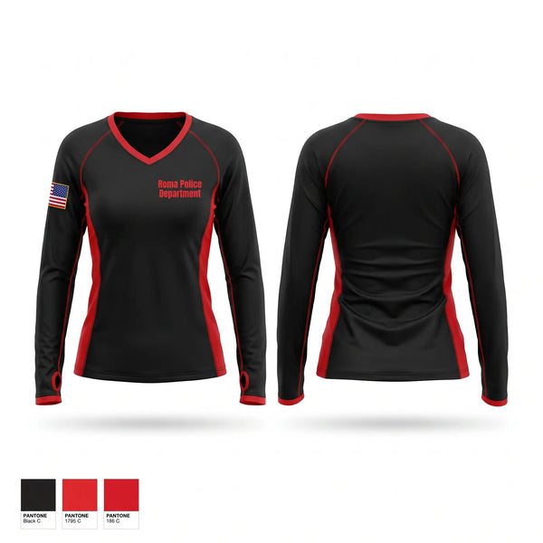 Womens Long Sleeve Vneck Shirt, Roma Police Department, Police, Teamtime, Team time, sublimation, custom sports apparel, team uniforms, spirit wear, spiritwear, sports uniforms, custom shirts, team store, custom team store, fundraiser sports, apparel fundraiser