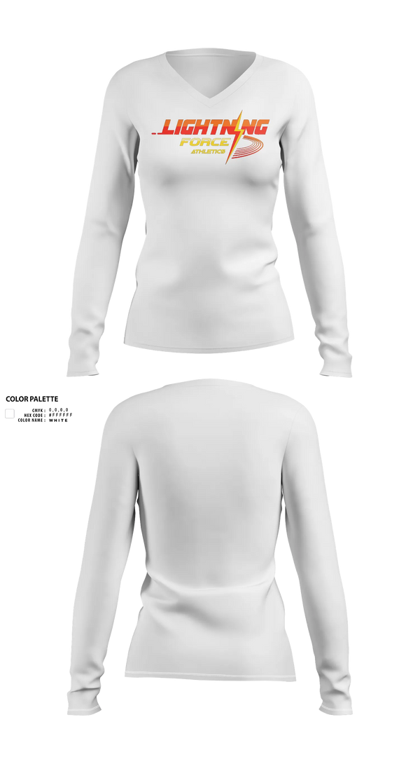 Womens Long Sleeve Vneck Shirt, Lightning Force Athletics, Track & Field, Teamtime, Team time, sublimation, custom sports apparel, team uniforms, spirit wear, spiritwear, sports uniforms, custom shirts, team store, custom team store, fundraiser sports, apparel fundraiser