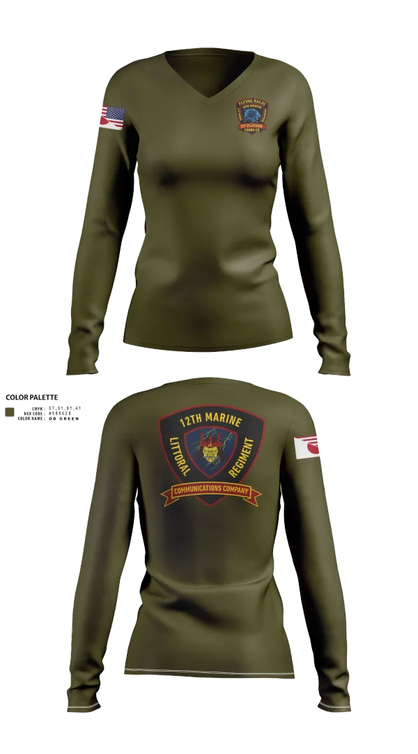Womens Long Sleeve Vneck Shirt, 12th MLR Headquarters Element, Marines, Teamtime, Team time, sublimation, custom sports apparel, team uniforms, spirit wear, spiritwear, sports uniforms, custom shirts, team store, custom team store, fundraiser sports, apparel fundraiser