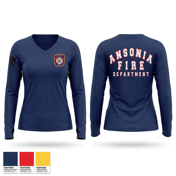 Womens Long Sleeve Vneck Shirt, Ansonia Fire Department, Fire Department, Teamtime, Team time, sublimation, custom sports apparel, team uniforms, spirit wear, spiritwear, sports uniforms, custom shirts, team store, custom team store, fundraiser sports, apparel fundraiser