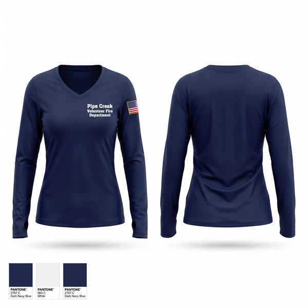 Womens Long Sleeve Vneck Shirt, Pipe Creek Volunteer Fire Department, Fire Department, Teamtime, Team time, sublimation, custom sports apparel, team uniforms, spirit wear, spiritwear, sports uniforms, custom shirts, team store, custom team store, fundraiser sports, apparel fundraiser