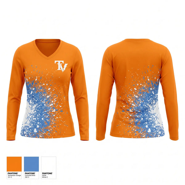 Womens Long Sleeve Vneck Shirt, Texas Volts, Softball, Teamtime, Team time, sublimation, custom sports apparel, team uniforms, spirit wear, spiritwear, sports uniforms, custom shirts, team store, custom team store, fundraiser sports, apparel fundraiser