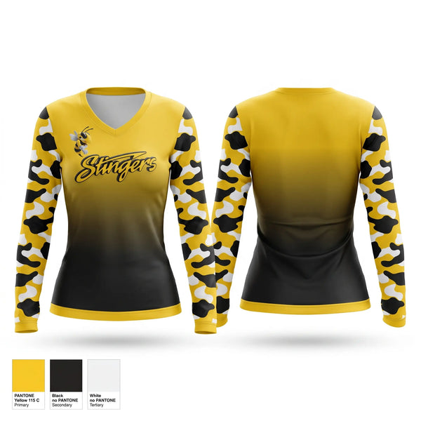 Womens Long Sleeve Vneck Shirt, Stingers, Baseball, Teamtime, Team time, sublimation, custom sports apparel, team uniforms, spirit wear, spiritwear, sports uniforms, custom shirts, team store, custom team store, fundraiser sports, apparel fundraiser