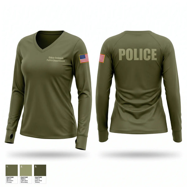 Womens Long Sleeve Vneck Shirt, Ohkay Owingeh Police Department, Police, Teamtime, Team time, sublimation, custom sports apparel, team uniforms, spirit wear, spiritwear, sports uniforms, custom shirts, team store, custom team store, fundraiser sports, apparel fundraiser