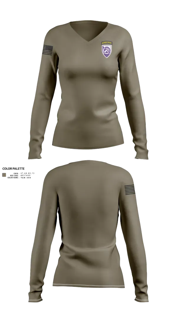Womens Long Sleeve Vneck Shirt, 360 CA BDE (Airborne), Army, Teamtime, Team time, sublimation, custom sports apparel, team uniforms, spirit wear, spiritwear, sports uniforms, custom shirts, team store, custom team store, fundraiser sports, apparel fundraiser