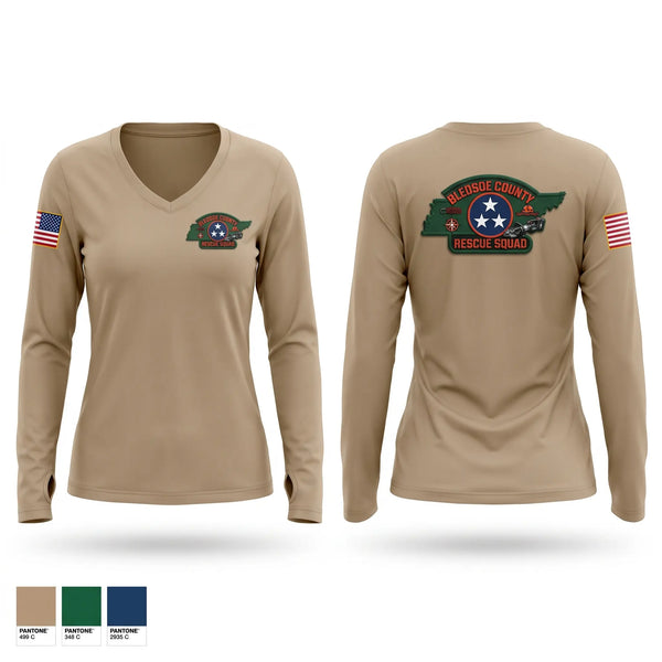 Womens Long Sleeve Vneck Shirt, Bledsoe County Rescue Squad, Fire Department, Teamtime, Team time, sublimation, custom sports apparel, team uniforms, spirit wear, spiritwear, sports uniforms, custom shirts, team store, custom team store, fundraiser sports, apparel fundraiser