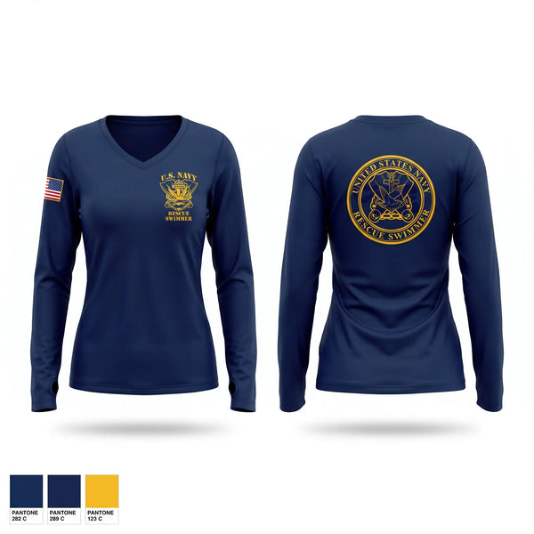Womens Long Sleeve Vneck Shirt, US Navy Rescue Swimmer, Navy, Teamtime, Team time, sublimation, custom sports apparel, team uniforms, spirit wear, spiritwear, sports uniforms, custom shirts, team store, custom team store, fundraiser sports, apparel fundraiser