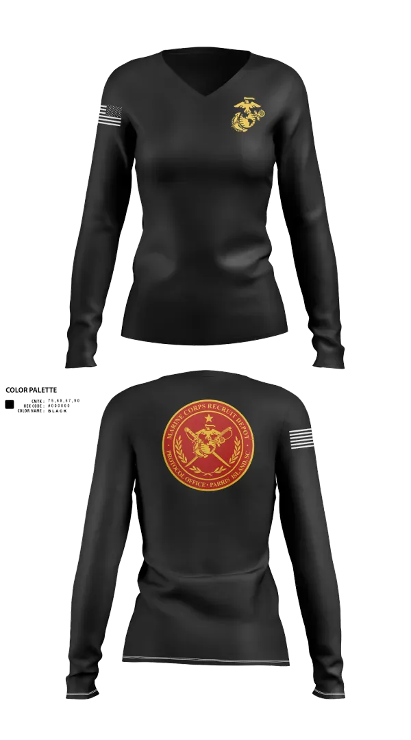 Womens Long Sleeve Vneck Shirt, MCRD Parris Island Protocol Office, Marines, Teamtime, Team time, sublimation, custom sports apparel, team uniforms, spirit wear, spiritwear, sports uniforms, custom shirts, team store, custom team store, fundraiser sports, apparel fundraiser