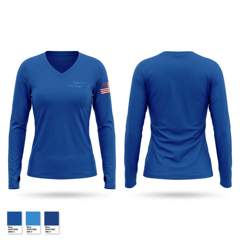 Womens Long Sleeve Vneck Shirt, Texas City Fire Department, Fire Department, Teamtime, Team time, sublimation, custom sports apparel, team uniforms, spirit wear, spiritwear, sports uniforms, custom shirts, team store, custom team store, fundraiser sports, apparel fundraiser