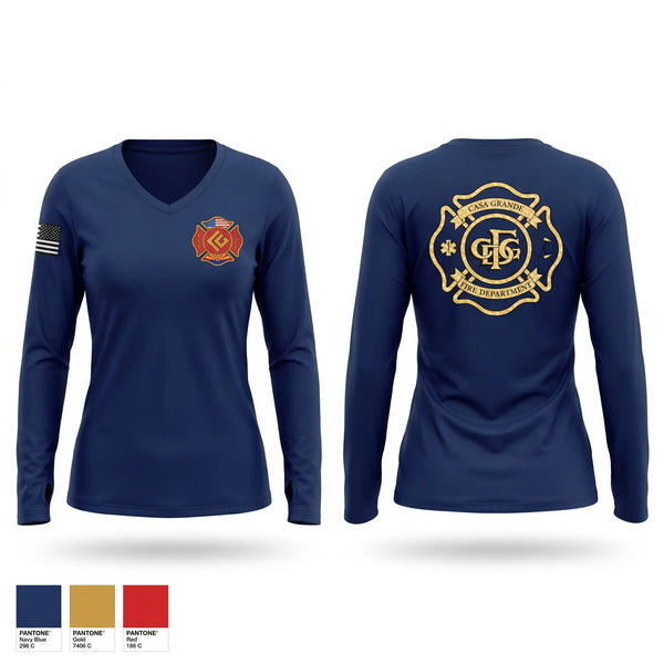 Womens Long Sleeve Vneck Shirt, Casa Grande Fire Department, Fire Department, Teamtime, Team time, sublimation, custom sports apparel, team uniforms, spirit wear, spiritwear, sports uniforms, custom shirts, team store, custom team store, fundraiser sports, apparel fundraiser