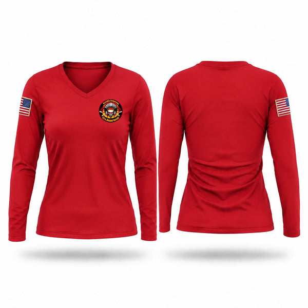 Womens Long Sleeve Vneck Shirt, Quanah volunteer fire department, Fire Department, Teamtime, Team time, sublimation, custom sports apparel, team uniforms, spirit wear, spiritwear, sports uniforms, custom shirts, team store, custom team store, fundraiser sports, apparel fundraiser