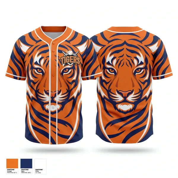 Full Button Baseball Jersey, Malone Tigers, Baseball, Teamtime, Team time, sublimation, custom sports apparel, team uniforms, spirit wear, spiritwear, sports uniforms, custom shirts, team store, custom team store, fundraiser sports, apparel fundraiser
