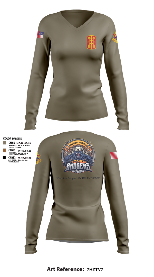 Womens Long Sleeve Vneck Shirt, Honey Badgers / 30X, Army, Teamtime, Team time, sublimation, custom sports apparel, team uniforms, spirit wear, spiritwear, sports uniforms, custom shirts, team store, custom team store, fundraiser sports, apparel fundraiser