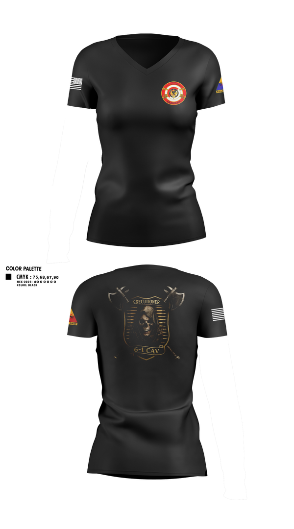 Womens Short Sleeve Vneck Shirt, E Trp, 6-1 CAV, Army, Teamtime, Team time, sublimation, custom sports apparel, team uniforms, spirit wear, spiritwear, sports uniforms, custom shirts, team store, custom team store, fundraiser sports, apparel fundraiser