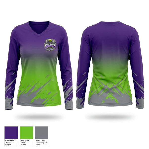 Womens Long Sleeve Vneck Shirt, Khaos Elite, Softball, Teamtime, Team time, sublimation, custom sports apparel, team uniforms, spirit wear, spiritwear, sports uniforms, custom shirts, team store, custom team store, fundraiser sports, apparel fundraiser