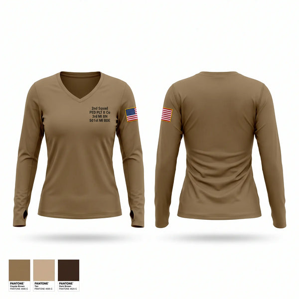 Womens Long Sleeve Vneck Shirt, 2nd Squad, PED PLT, B Co, 3rd MI BN, 501st MI BDE, Army, Teamtime, Team time, sublimation, custom sports apparel, team uniforms, spirit wear, spiritwear, sports uniforms, custom shirts, team store, custom team store, fundraiser sports, apparel fundraiser