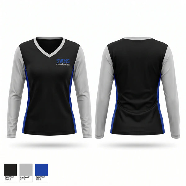 Womens Long Sleeve Vneck Shirt, SWMS cheerleading, Cheer, Teamtime, Team time, sublimation, custom sports apparel, team uniforms, spirit wear, spiritwear, sports uniforms, custom shirts, team store, custom team store, fundraiser sports, apparel fundraiser