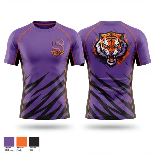 Short Sleeve Rash Guard Shirt, Shelby Tigers, Wrestling, Teamtime, Team time, sublimation, custom sports apparel, team uniforms, spirit wear, spiritwear, sports uniforms, custom shirts, team store, custom team store, fundraiser sports, apparel fundraiser