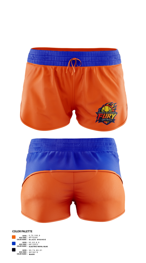 Womens Shorts, Downingtown Fury, Softball, Teamtime, Team time, sublimation, custom sports apparel, team uniforms, spirit wear, spiritwear, sports uniforms, custom shirts, team store, custom team store, fundraiser sports, apparel fundraiser