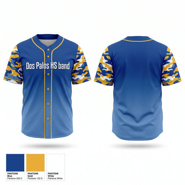 Full Button Baseball Jersey, Dos Palos HS band, Baseball, Teamtime, Team time, sublimation, custom sports apparel, team uniforms, spirit wear, spiritwear, sports uniforms, custom shirts, team store, custom team store, fundraiser sports, apparel fundraiser