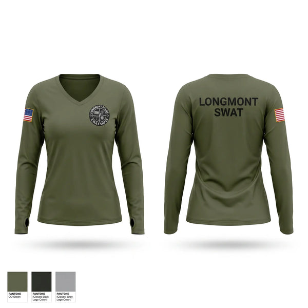 Womens Long Sleeve Vneck Shirt, Longmont SWAT, Police, Teamtime, Team time, sublimation, custom sports apparel, team uniforms, spirit wear, spiritwear, sports uniforms, custom shirts, team store, custom team store, fundraiser sports, apparel fundraiser