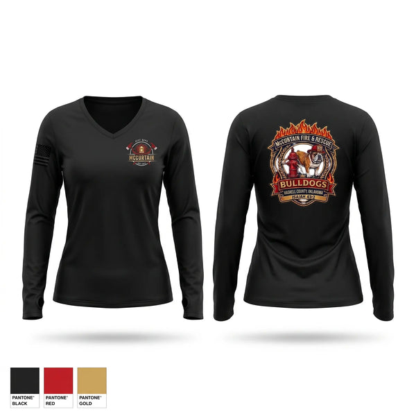 Womens Long Sleeve Vneck Shirt, McCurtain VFD, Fire Department, Teamtime, Team time, sublimation, custom sports apparel, team uniforms, spirit wear, spiritwear, sports uniforms, custom shirts, team store, custom team store, fundraiser sports, apparel fundraiser