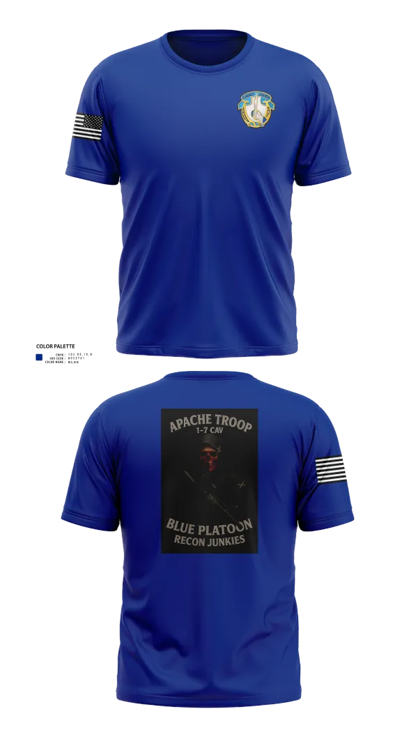 Old School Cotton Feel Shirt, 1-7 Cavlary Division Apache Troop Blue Platoon Recon Junkies, Army, Teamtime, Team time, sublimation, custom sports apparel, team uniforms, spirit wear, spiritwear, sports uniforms, custom shirts, team store, custom team store, fundraiser sports, apparel fundraiser