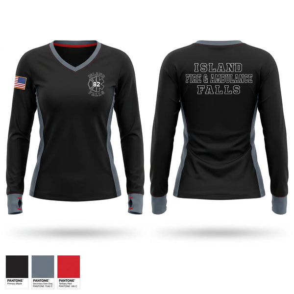 Womens Long Sleeve Vneck Shirt, Island Falls Fire & Ambulance, Fire Department, Teamtime, Team time, sublimation, custom sports apparel, team uniforms, spirit wear, spiritwear, sports uniforms, custom shirts, team store, custom team store, fundraiser sports, apparel fundraiser