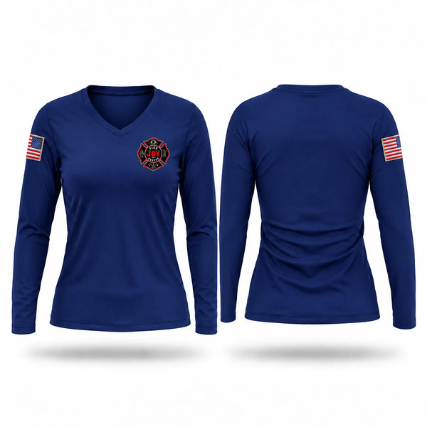 Womens Long Sleeve Vneck Shirt, Joy Fire Department, Fire Department, Teamtime, Team time, sublimation, custom sports apparel, team uniforms, spirit wear, spiritwear, sports uniforms, custom shirts, team store, custom team store, fundraiser sports, apparel fundraiser
