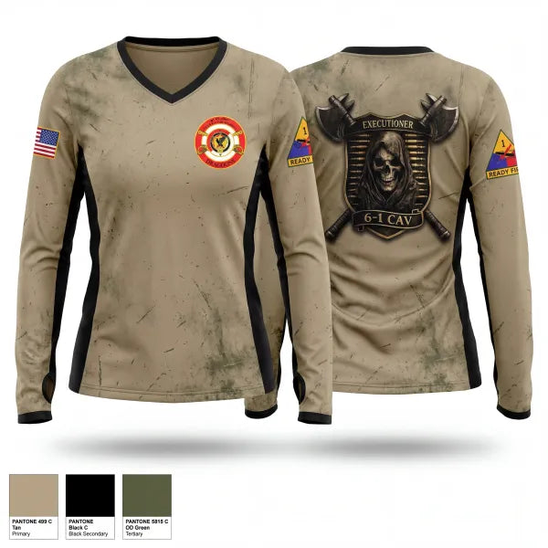 Womens Long Sleeve Vneck Shirt, E Trp, 6-1 CAV, Army, Teamtime, Team time, sublimation, custom sports apparel, team uniforms, spirit wear, spiritwear, sports uniforms, custom shirts, team store, custom team store, fundraiser sports, apparel fundraiser