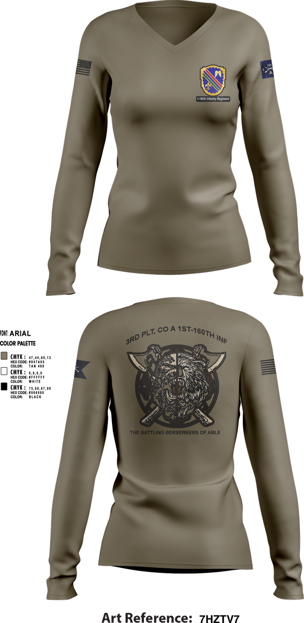 Womens Long Sleeve Vneck Shirt, Co A, 1st-160th INF, 79th IBCT, , Teamtime, Team time, sublimation, custom sports apparel, team uniforms, spirit wear, spiritwear, sports uniforms, custom shirts, team store, custom team store, fundraiser sports, apparel fundraiser