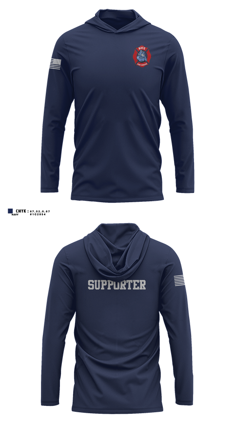 Long Sleeve Hooded Sun Shirt, Rice Fire Dept, Fire Department, Teamtime, Team time, sublimation, custom sports apparel, team uniforms, spirit wear, spiritwear, sports uniforms, custom shirts, team store, custom team store, fundraiser sports, apparel fundraiser