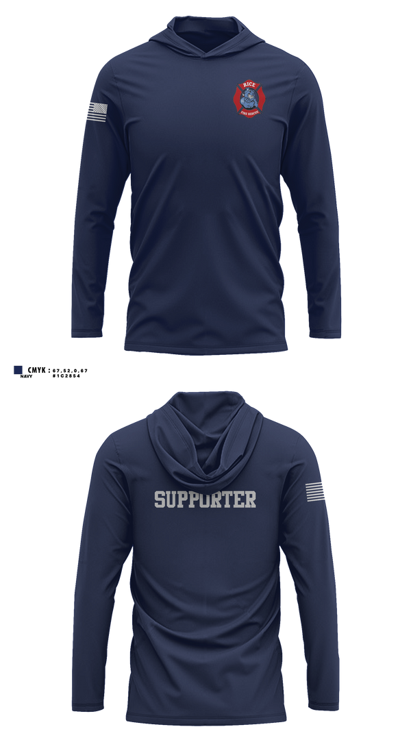Long Sleeve Hooded Sun Shirt, Rice Fire Dept, Fire Department, Teamtime, Team time, sublimation, custom sports apparel, team uniforms, spirit wear, spiritwear, sports uniforms, custom shirts, team store, custom team store, fundraiser sports, apparel fundraiser