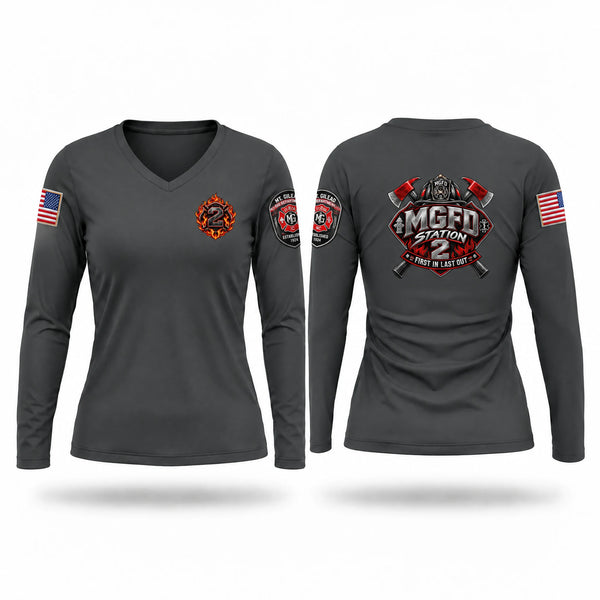 Womens Long Sleeve Vneck Shirt, Station 2, Fire Department, Teamtime, Team time, sublimation, custom sports apparel, team uniforms, spirit wear, spiritwear, sports uniforms, custom shirts, team store, custom team store, fundraiser sports, apparel fundraiser