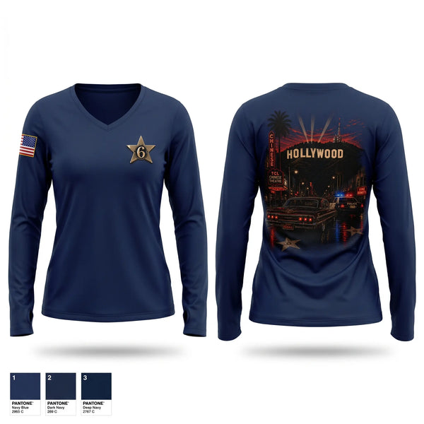 Womens Long Sleeve Vneck Shirt, HOLLYWOOD, Police, Teamtime, Team time, sublimation, custom sports apparel, team uniforms, spirit wear, spiritwear, sports uniforms, custom shirts, team store, custom team store, fundraiser sports, apparel fundraiser