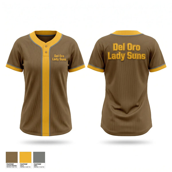 Two Button Softball Jersey, Del Oro Lady Suns, Softball, Teamtime, Team time, sublimation, custom sports apparel, team uniforms, spirit wear, spiritwear, sports uniforms, custom shirts, team store, custom team store, fundraiser sports, apparel fundraiser