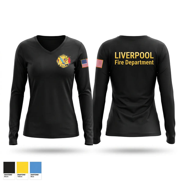 Womens Long Sleeve Vneck Shirt, LIVERPOOL, Fire Department, Teamtime, Team time, sublimation, custom sports apparel, team uniforms, spirit wear, spiritwear, sports uniforms, custom shirts, team store, custom team store, fundraiser sports, apparel fundraiser