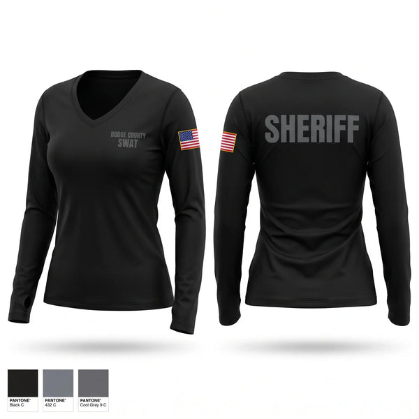 Womens Long Sleeve Vneck Shirt, Dodge County SWAT, Police, Teamtime, Team time, sublimation, custom sports apparel, team uniforms, spirit wear, spiritwear, sports uniforms, custom shirts, team store, custom team store, fundraiser sports, apparel fundraiser